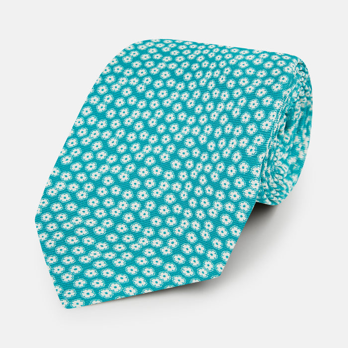 Turquoise Flower Patterned Silk Tie