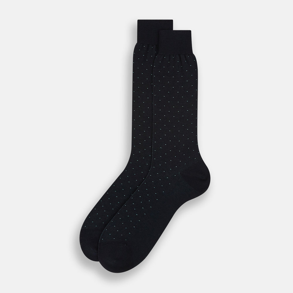 A single Navy/Pale Blue Polka Dot Mid-Length Sock by Turnbull & Asser, displayed upright on a white background.