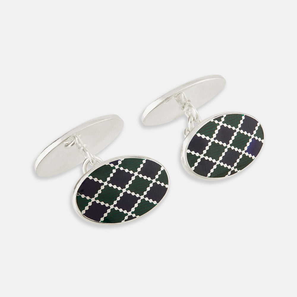 Turnbull & Asser's Forest Green and Navy Checkered Oval Enamel Chain Cufflinks offer masculine elegance with their striking enamel pattern against a refined silver finish.