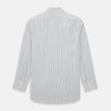 View 3 of product The Navy Music Stripe Mayfair Shirt by Turnbull & Asser features thin vertical blue and white stripes, a classic T&A collar, and long sleeves, shown on a plain white background.