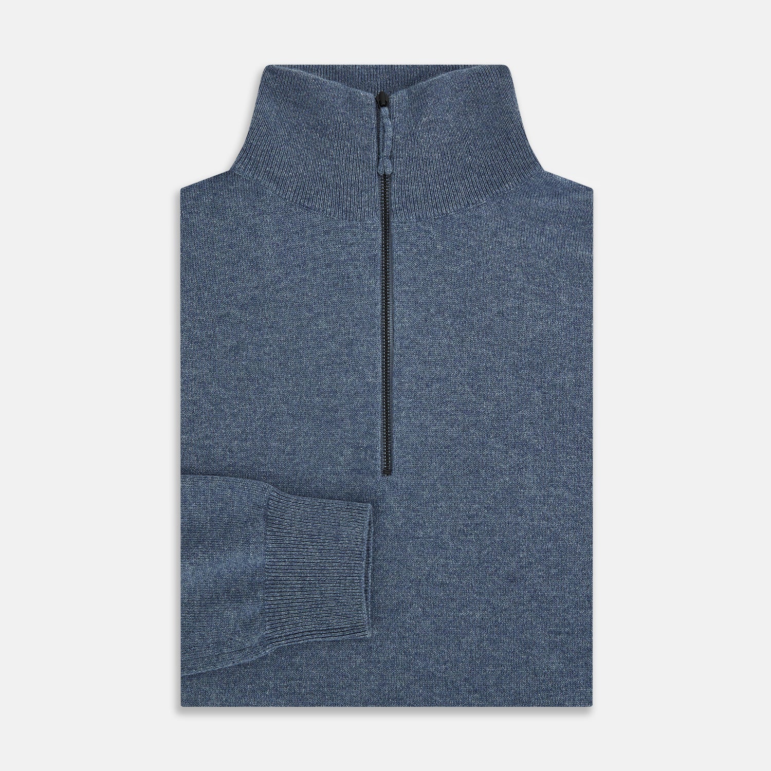 View 4 of product The Blue Melange Half-Zip Cashmere Jumper by Turnbull & Asser features a high collar, ribbed cuffs and hem, and long sleeves. This pullover sweater is shown against a plain white background.