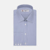 View 2 of product A circle with a gray border features evenly spaced, diagonal blue stripes on a white background, resembling Turnbull & Asser's Blue Fine Bengal Stripe Cotton Fabric. The stripes run from the top left to bottom right.