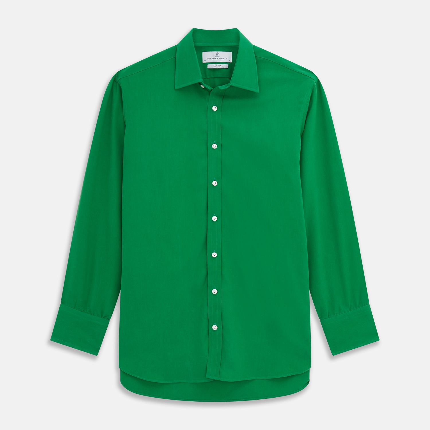 View 1 of product The Green Sandwashed Silk Regular Fit Mayfair Shirt by Turnbull & Asser, featuring long sleeves, a T&A collar, and white buttons, is displayed flat on a white background.