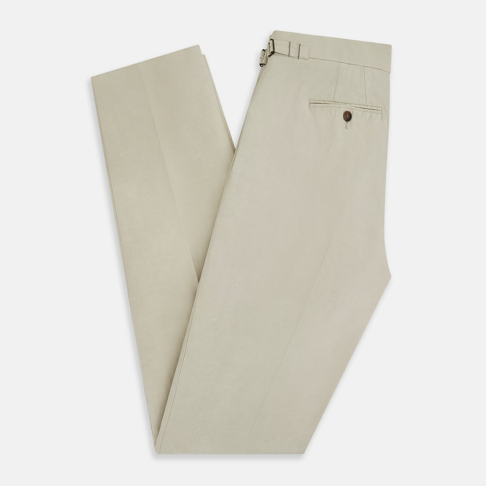 Turnbull & Asser Taupe Cotton Blend Henry Trousers with a straight-leg formal cut, button and zipper closure, belt loops, and side pockets, shown against a plain white background.