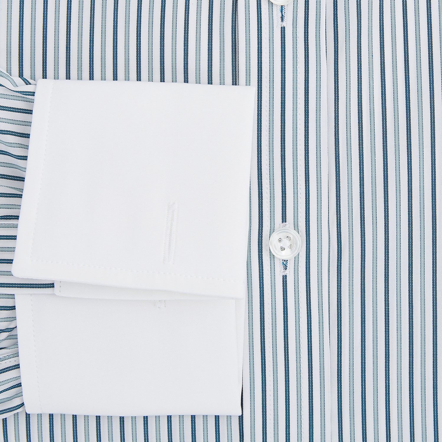 View 4 of product The Turnbull & Asser Green Double Stripe Shirt features a button-up design, contrast T&A collar and cuffs, and is laid flat on a white background.