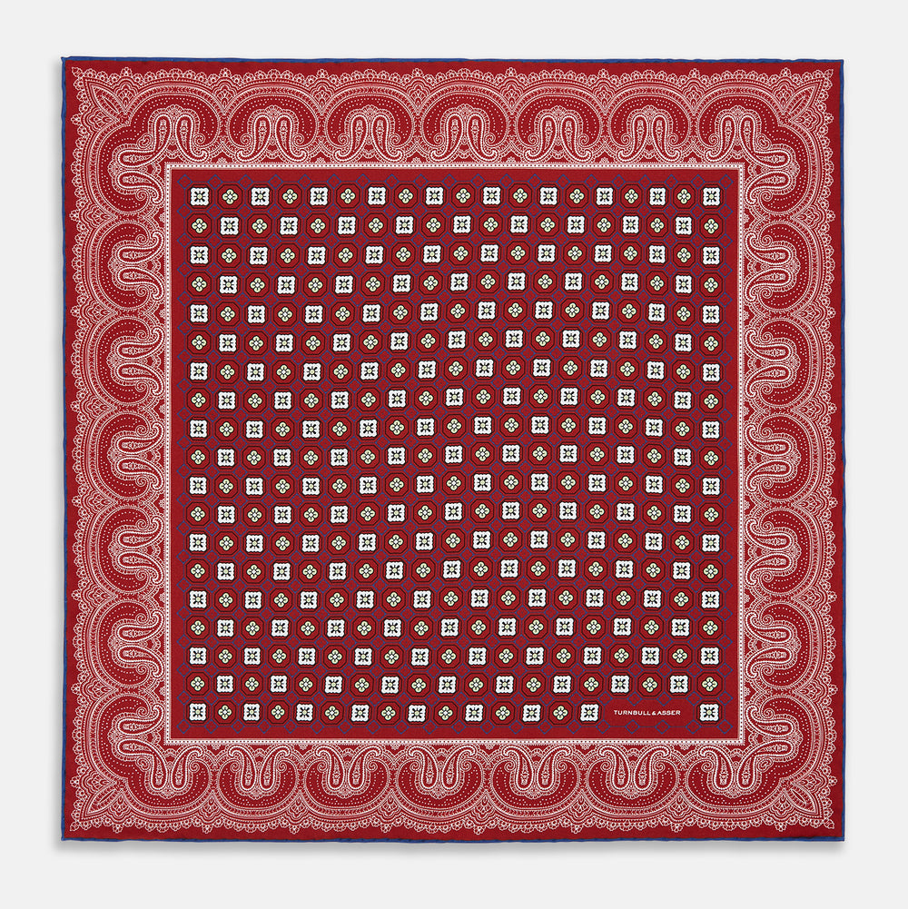 Red Floral Tile and Paisley Silk Pocket Square