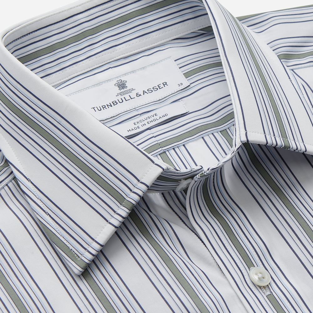 Green Multi Stripe Regular Fit Shirt with T&A Collar & 3 Button Cuffs