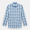 View 1 of product The Turnbull & Asser Blue Multi Check Pyjama Shirt features a blue and white check pattern, long sleeves, and a collar—an elegant loungewear option perfect for nightwear.