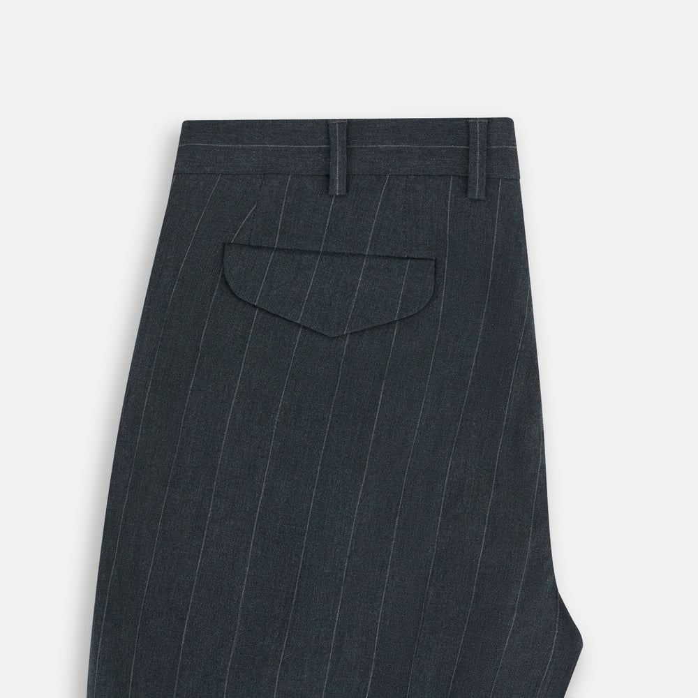 A pair of Forest Green Striped Edmund trousers by Turnbull & Asser, featuring a button and zip closure, belt loops, and a tailored straight-leg fit, shown against a plain white background.