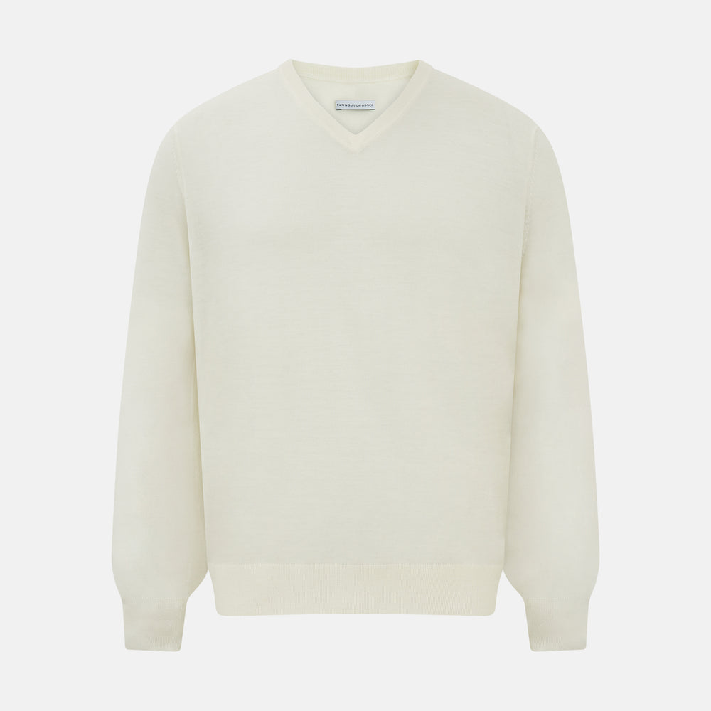 Cream Fine Merino V-Neck Jumper – Turnbull Asser