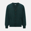 View 1 of product Turnbull & Asser’s Green Melange Cashmere Cardigan features a V-neck, long sleeves, ribbed cuffs and hem, two front pockets, and a button-up front—an essential knitwear piece shown against a white background.