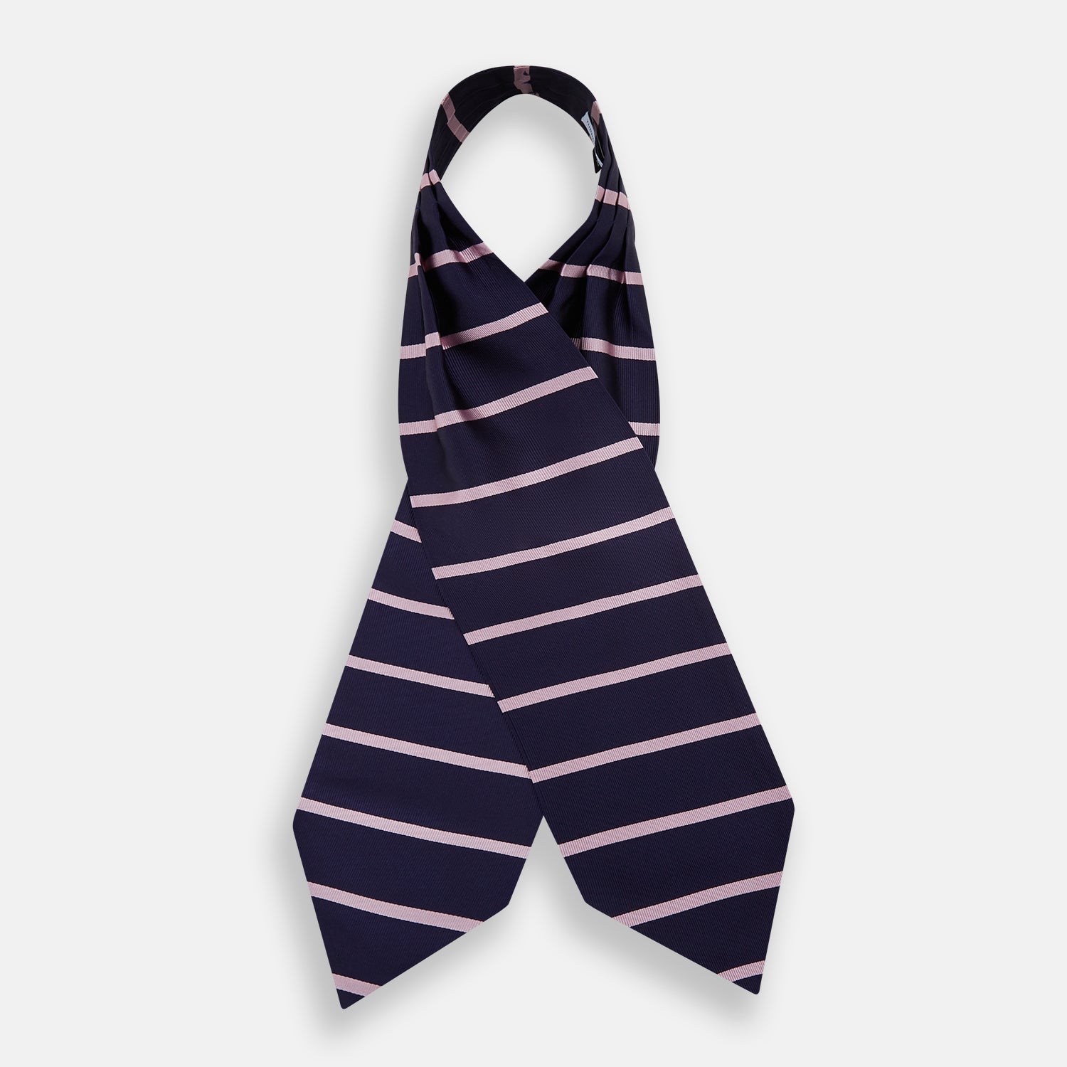 View 2 of product The Turnbull & Asser Pink Stripe and Navy Silk Cravat features evenly spaced light pink stripes on navy silk—a refined British style wedding accessory, elegantly displayed against a white background.