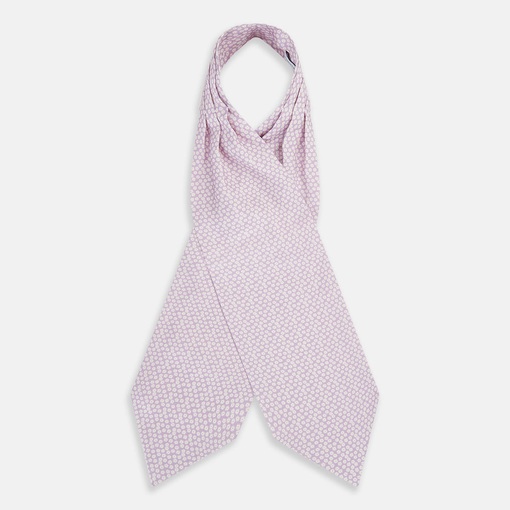 A lilac flower-patterned silk cravat by Turnbull & Asser, elegantly displayed on a white background for a refined touch of British style.