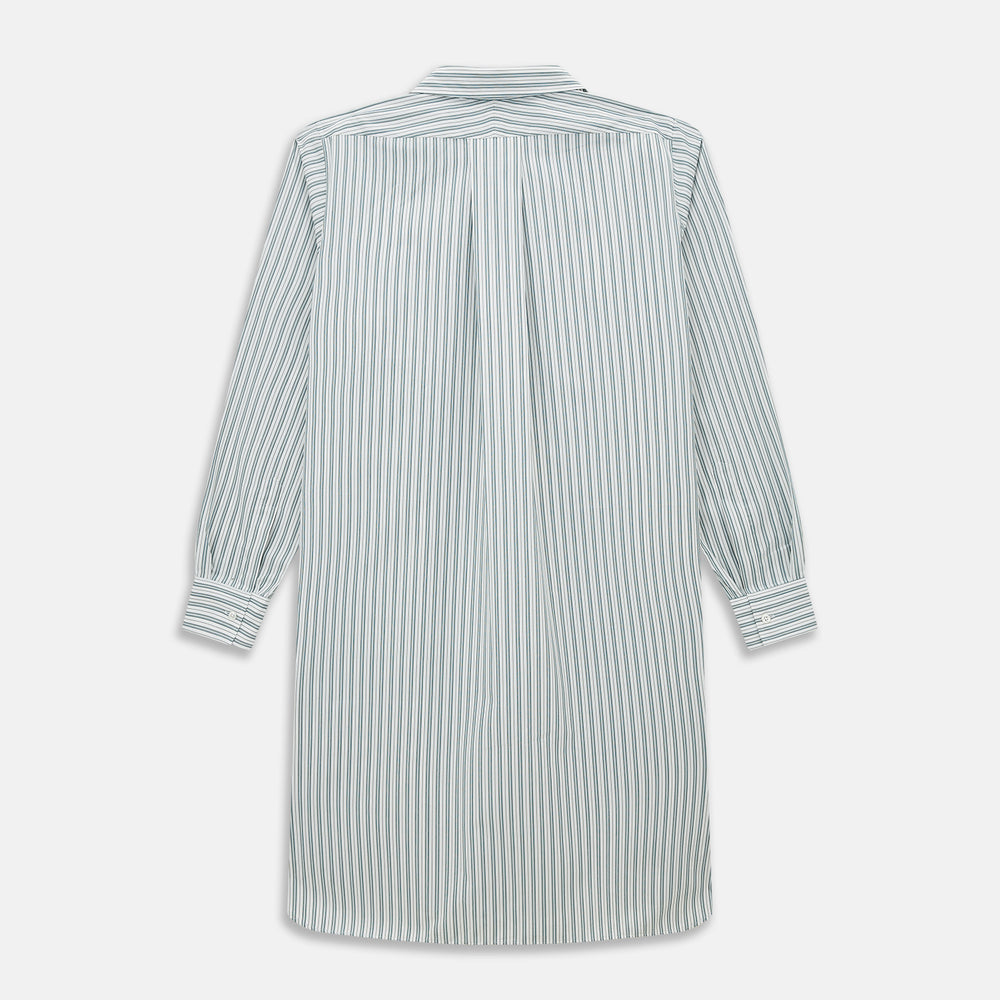 The Green Double Stripe Quarzo Nightshirt by Turnbull & Asser is a relaxed-fit, long-sleeve, knee-length Italian cotton shirt dress with a collar, partial button-down front, chest pocket, and buttoned cuffs in green and white stripes.