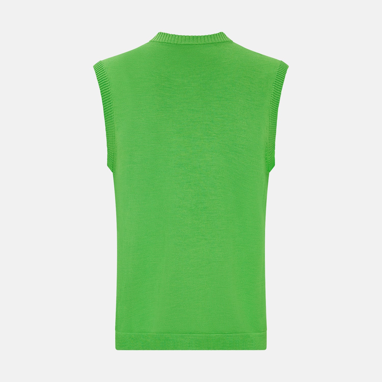 View 3 of product The Turnbull & Asser Lime Green Fine Merino V-Neck Vest, ideal for men, is shown against a plain white background.