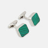 View 1 of product Turnbull & Asser Malachite Square Cufflinks feature green, wavy-striped stone inlays set in sterling silver and are shown against a white background.