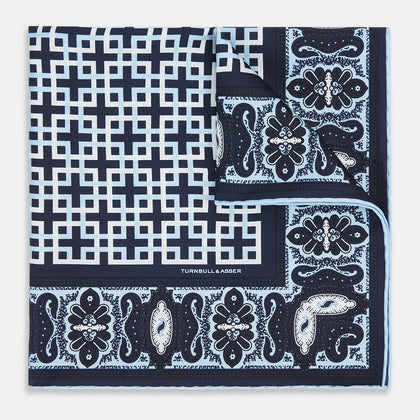 Navy Square-Patterned and Paisley Patterned Silk Pocket Square Image 5