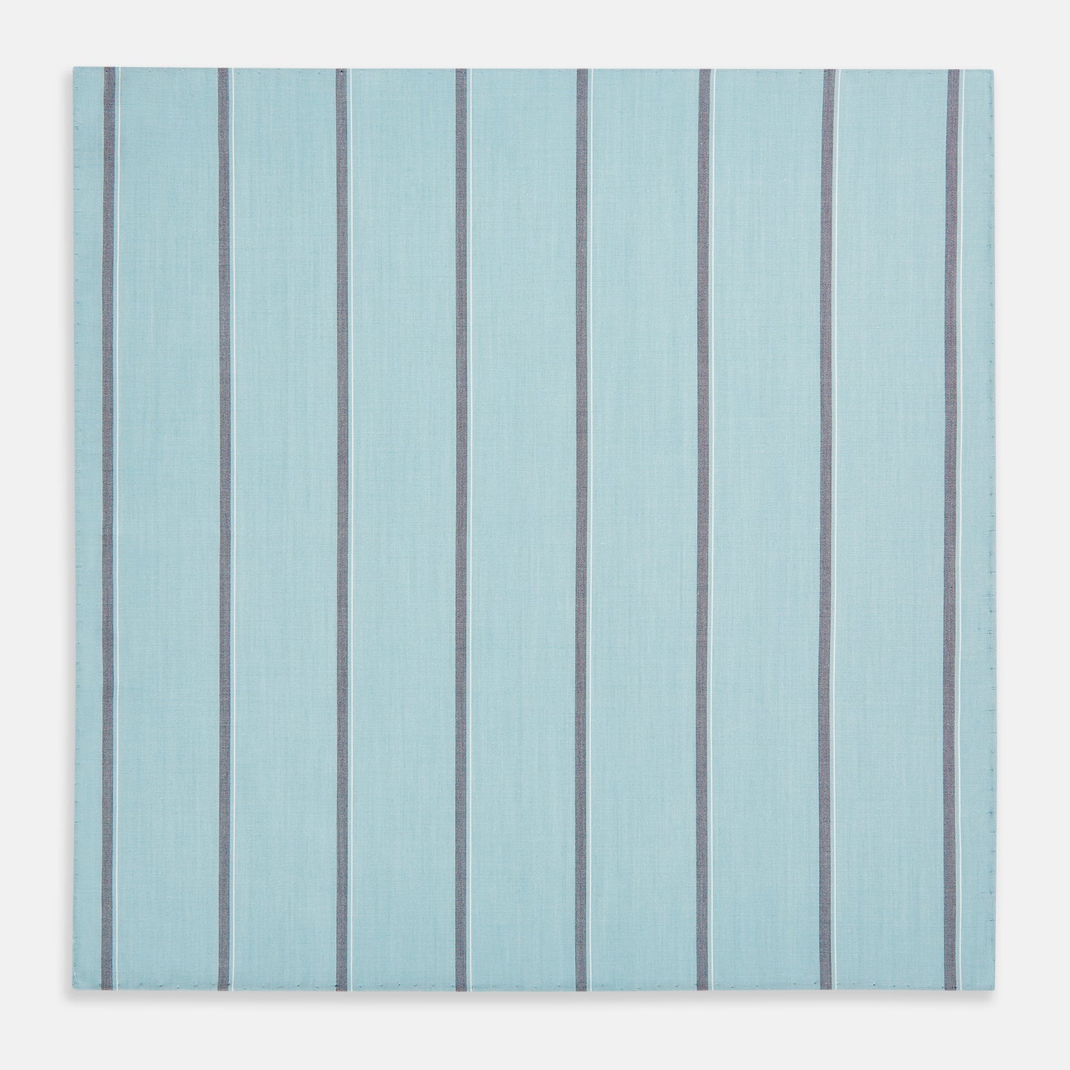 View 3 of product The Turnbull & Asser Light Sage Track Stripe Hand-Rolled Handkerchief features vertical thin white and thicker dark gray stripes, neatly folded with a simple modern design, made in England.