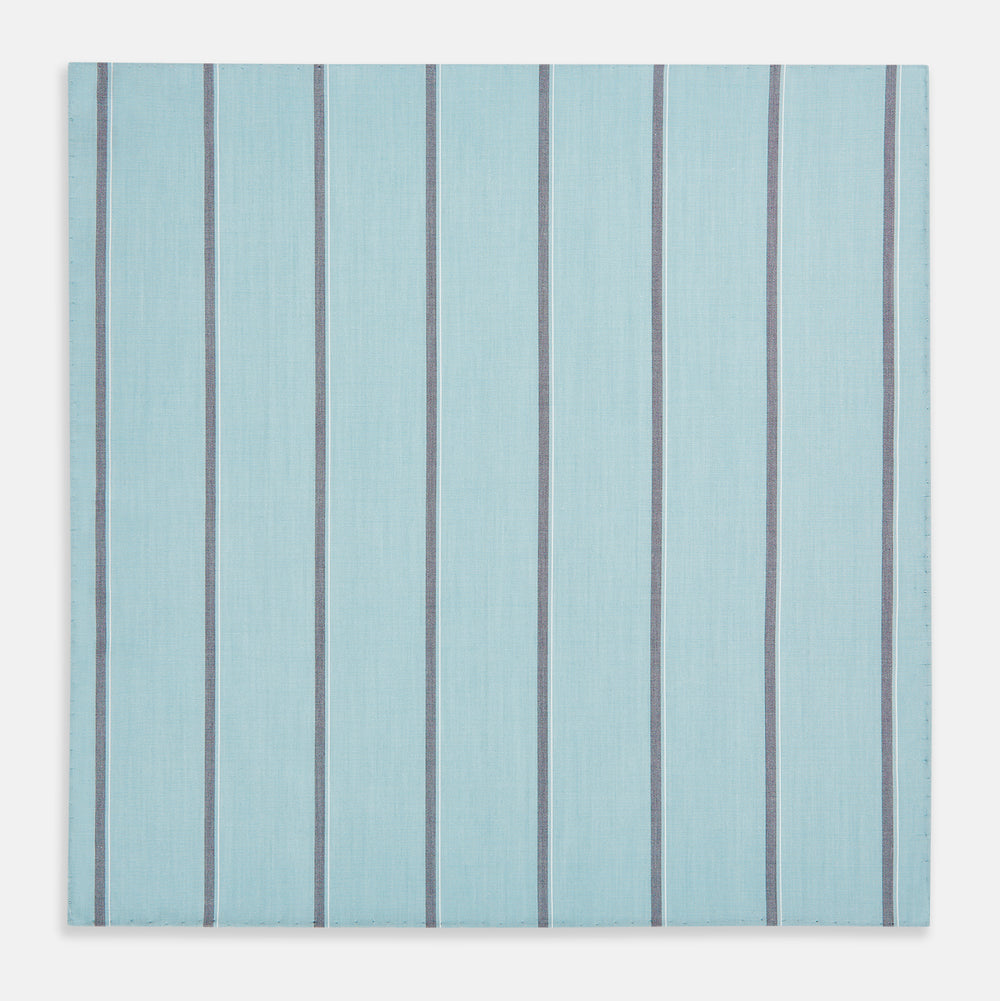 The Turnbull & Asser Light Sage Track Stripe Hand-Rolled Handkerchief features vertical thin white and thicker dark gray stripes, neatly folded with a simple modern design, made in England.