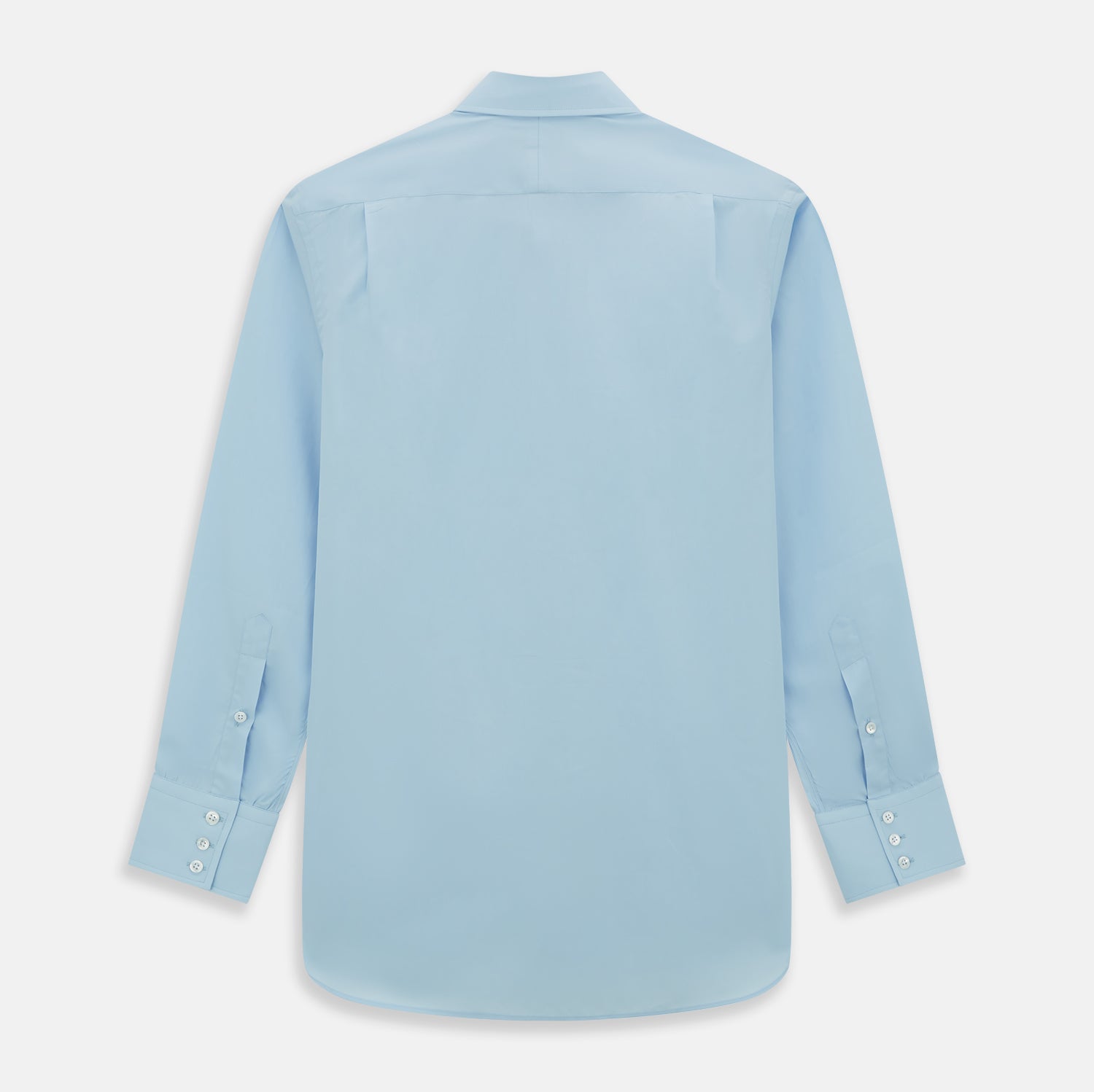View 3 of product The Turnbull & Asser Light Blue Sea Island Quality Cotton Shirt features a T&A collar, 3-button cuffs, and premium cotton fabric, shown laid flat against a white background.
