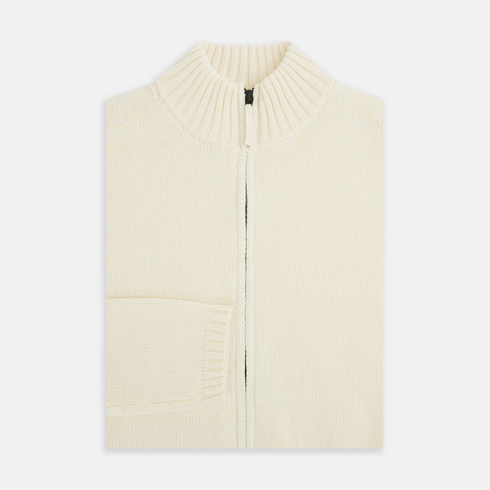 White Merino High Neck Zipped Cardigan