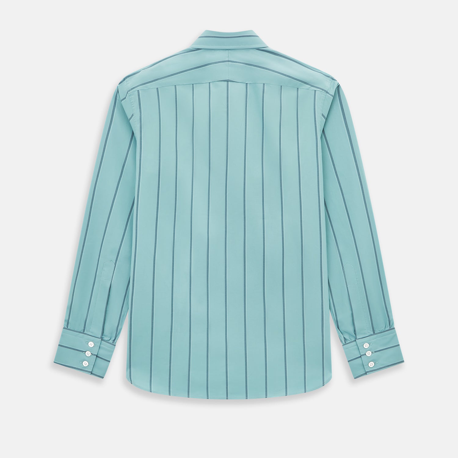 Image 3 of product The Turnbull & Asser Sage Track Stripe Westminster Shirt features long sleeves, a tailored fit, a collar, and vertical dark blue stripes, with button closures down the front and at the cuffs, shown laid flat on a white background.