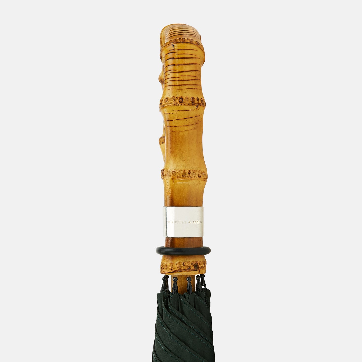 View 3 of product The Forest Green Umbrella with Whangee Crook Handle by Turnbull & Asser features a wooden shaft and classic curved handle—a sophisticated men’s accessory shown fully opened against a white background.