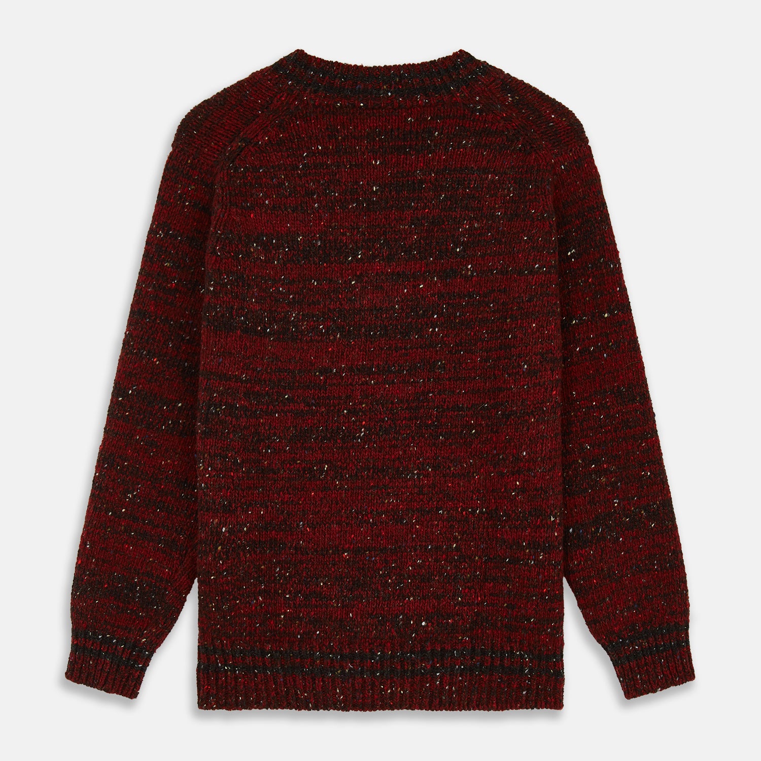 View 3 of product The Turnbull & Asser Russet Red Melange Wool Hafod Cricket Jumper features maroon and black speckles, a V-neck, long sleeves, and ribbed cuffs and hem, displayed flat on a white background.