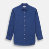 View 1 of product The Turnbull & Asser Navy Linen Mayfair Shirt features long sleeves, a button-up front with white buttons, pointed collar, buttoned cuffs, and a classic fit in solid dark blue linen, shown on a white background.