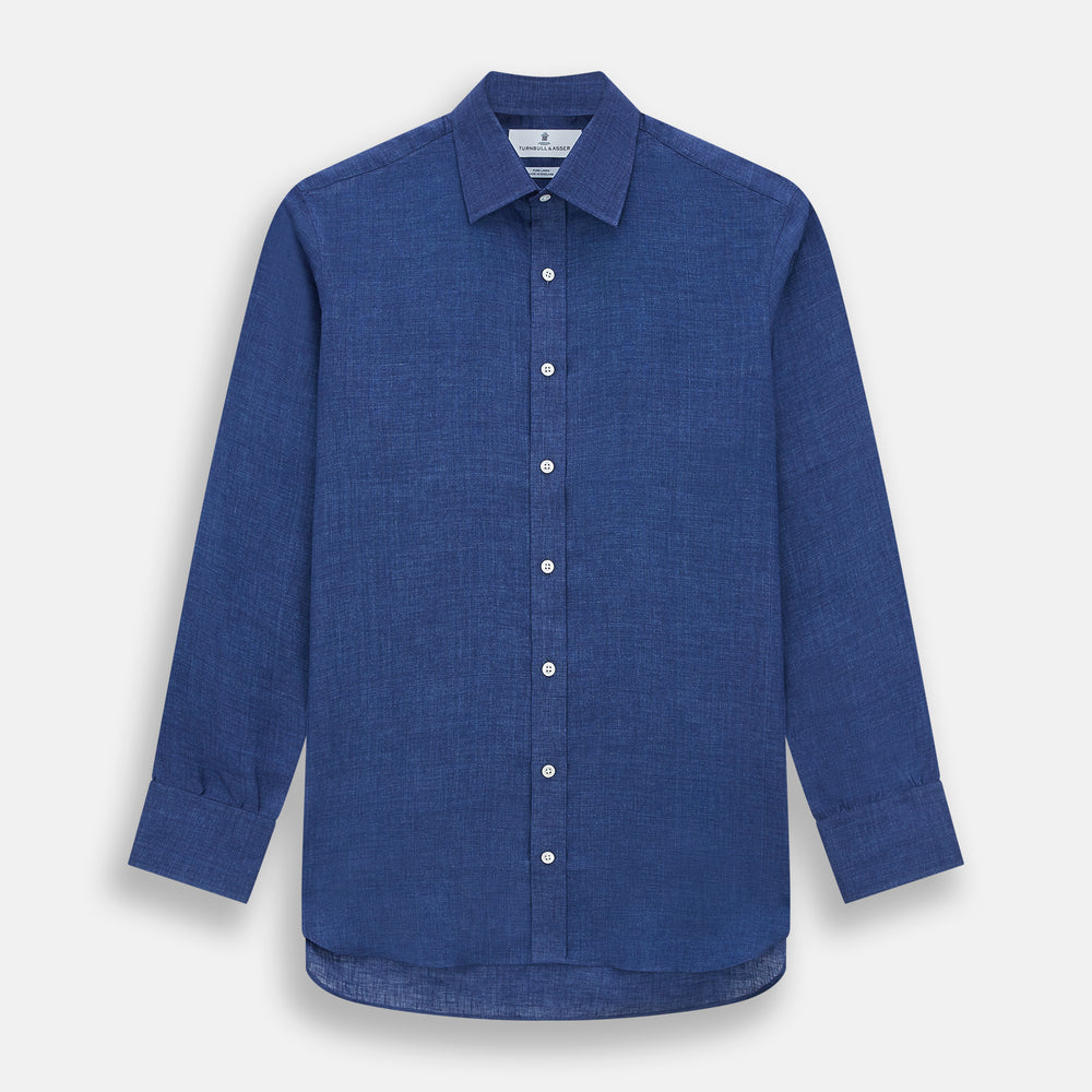 The Turnbull & Asser Navy Linen Mayfair Shirt features long sleeves, a button-up front with white buttons, pointed collar, buttoned cuffs, and a classic fit in solid dark blue linen, shown on a white background.