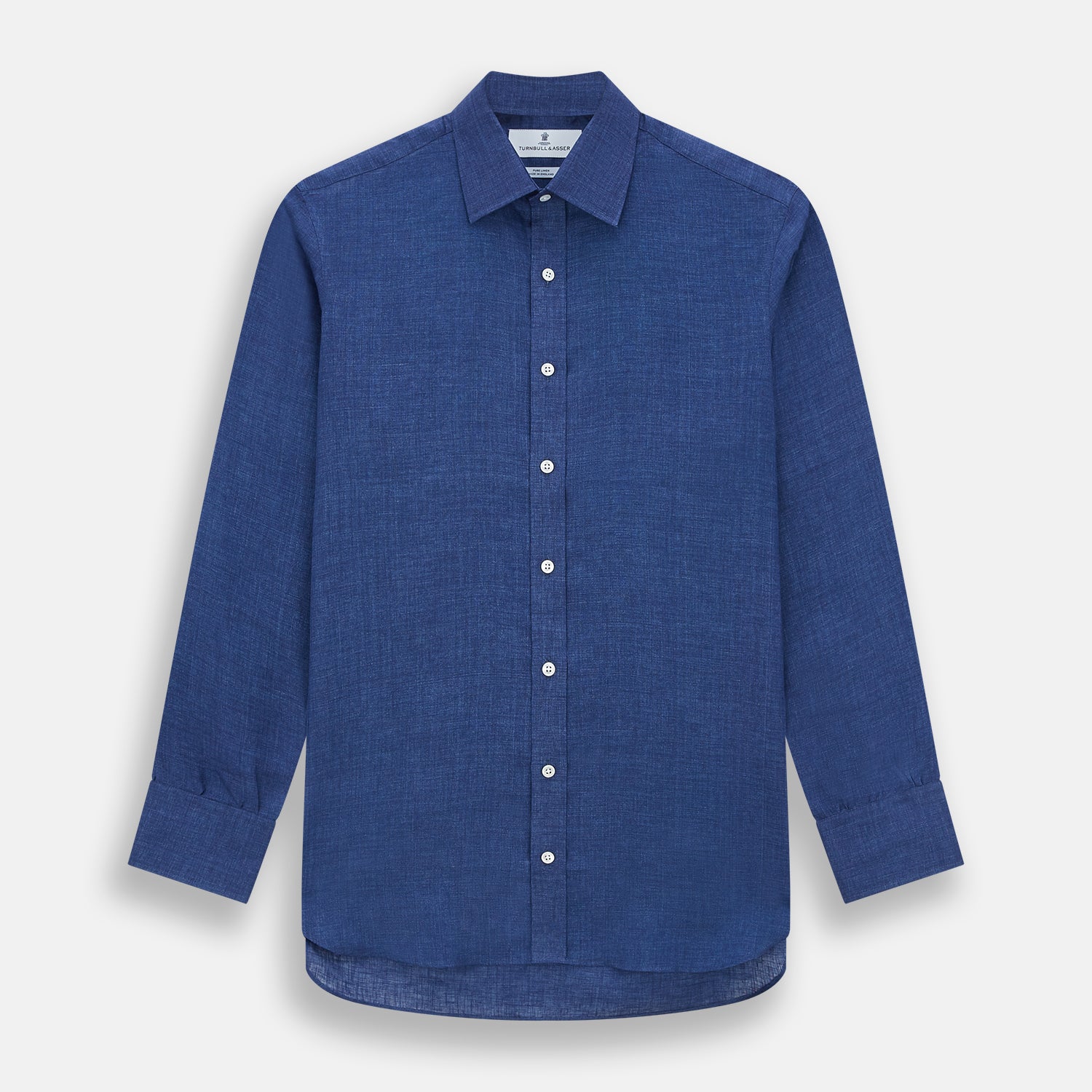 View 1 of product The Turnbull & Asser Navy Linen Mayfair Shirt features long sleeves, a button-up front with white buttons, pointed collar, buttoned cuffs, and a classic fit in solid dark blue linen, shown on a white background.