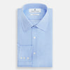 View 5 of product The Blue Herringbone Mayfair Shirt by Turnbull & Asser features light blue and white stripes, long sleeves, a classic collar, white buttons, and buttoned cuffs. Shown on a plain white background, it's perfect for formal occasions.