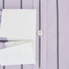 View 4 of product The Turnbull & Asser Lilac Track Stripe Shirt with Contrast T&A Collar and Cuffs features vertical black stripes, a white pointed collar, and white cuffs, shown flat against a white background.