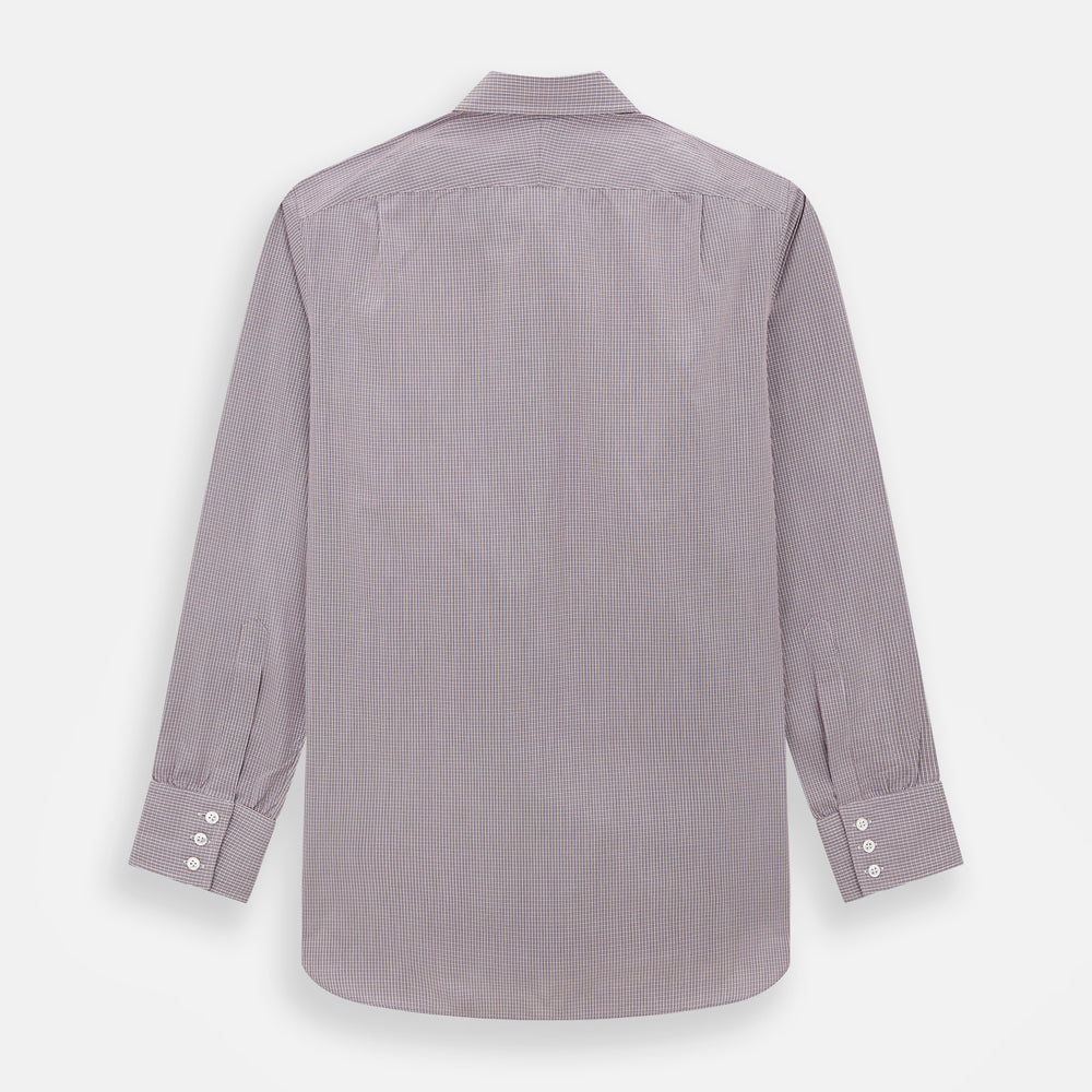The Turnbull & Asser Burgundy Micro Shadow Check Mayfair Shirt features long sleeves, a classic collar, and white buttons. In light red and white shades, this button-up is perfect for formal wear and is shown laid flat against a white background.