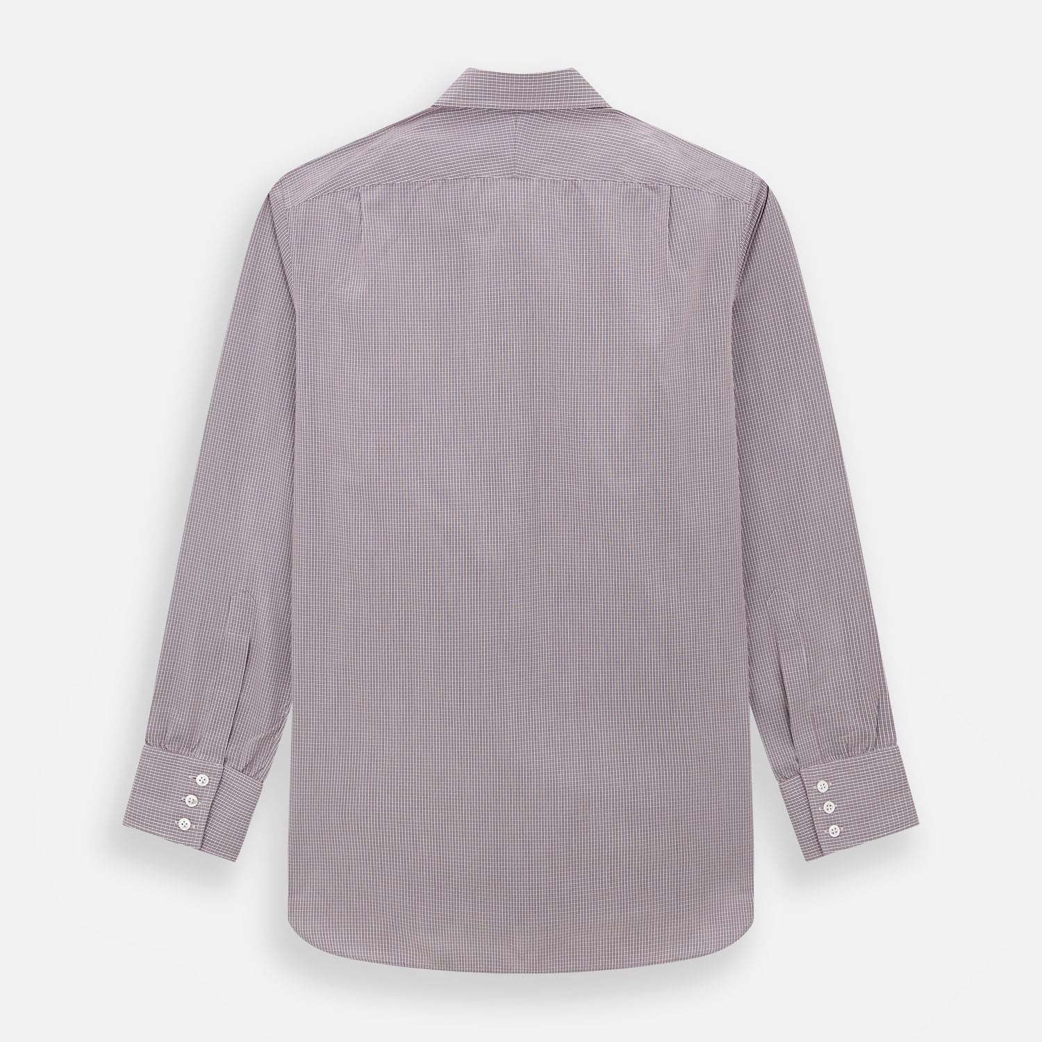 View 3 of product The Turnbull & Asser Burgundy Micro Shadow Check Mayfair Shirt features long sleeves, a classic collar, and white buttons. In light red and white shades, this button-up is perfect for formal wear and is shown laid flat against a white background.