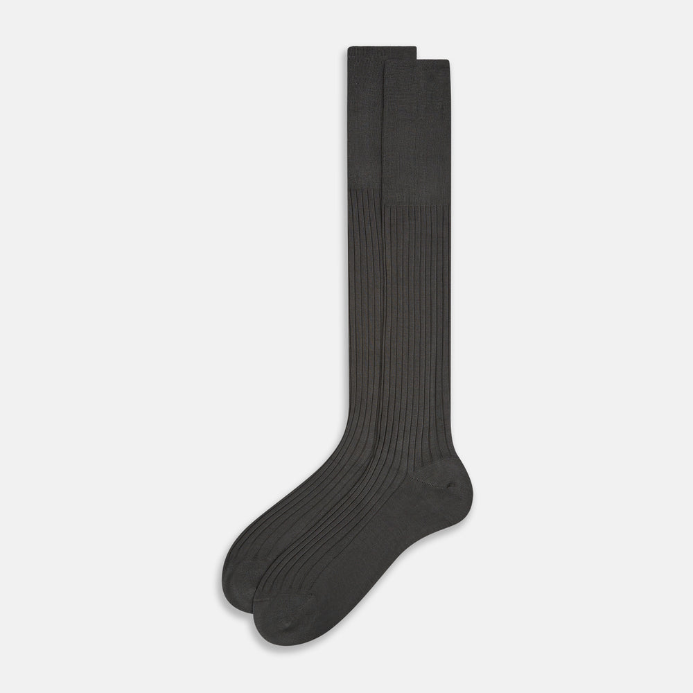 A single Concrete Grey Long Sock by Turnbull & Asser, featuring an over the calf fit and ribbed texture, is displayed on a plain white background.