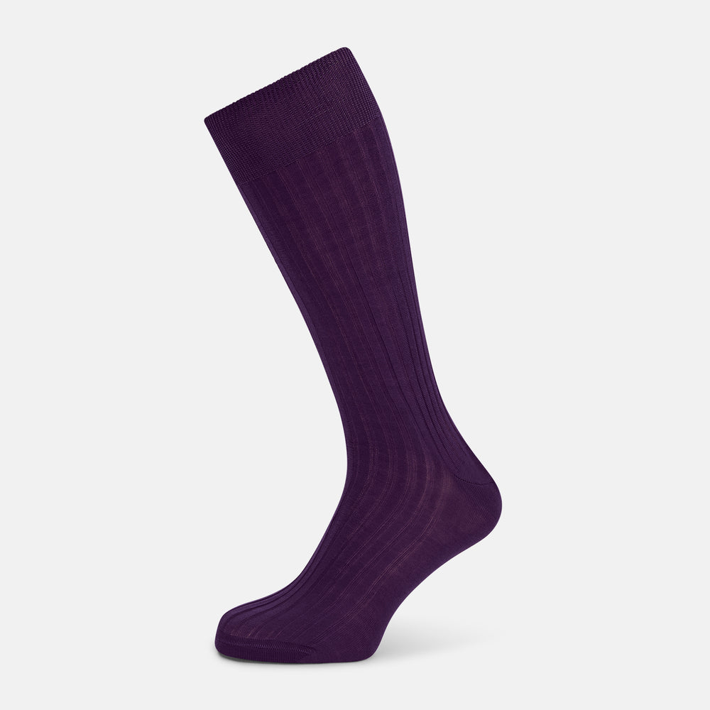 A single Purple Mid-Length Sock by Turnbull & Asser stands upright against a white background, highlighting its refined ribbed texture in solid dark purple mercerised Egyptian cotton.