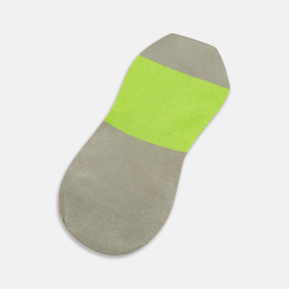 The Turnbull & Asser Vanilla No-Show Socks are shown on a white background, featuring a bright green toe and front, with the rest of the cotton sock in light grayish-brown.