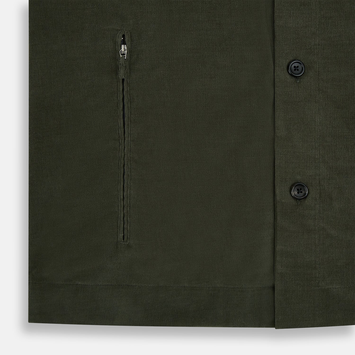 View 6 of product The Turnbull & Asser Olive Corduroy Hampstead Overshirt for men features a collar, long sleeves, left chest pocket, and two zippered side pockets, shown laid flat on a white background.