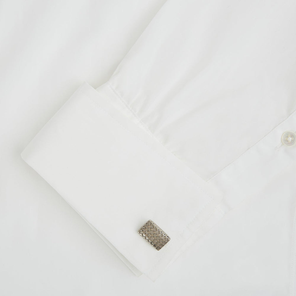 Turnbull & Asser Silver Basketweave Rectangular Cufflinks feature a striking basketweave design on the front and are showcased on a white background.