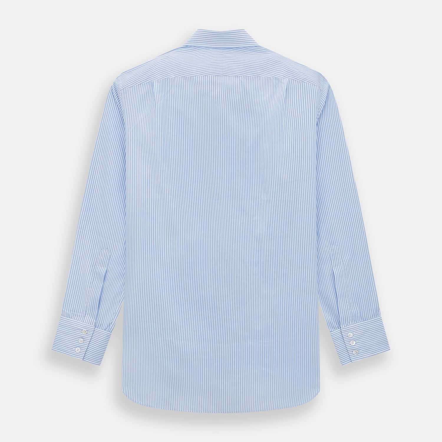 View 3 of product The Turnbull & Asser Blue Bengal Stripe Mayfair Shirt features light blue and white vertical stripes, a classic T&A collar, white buttons, and buttoned cuffs. Laid flat on a white background.