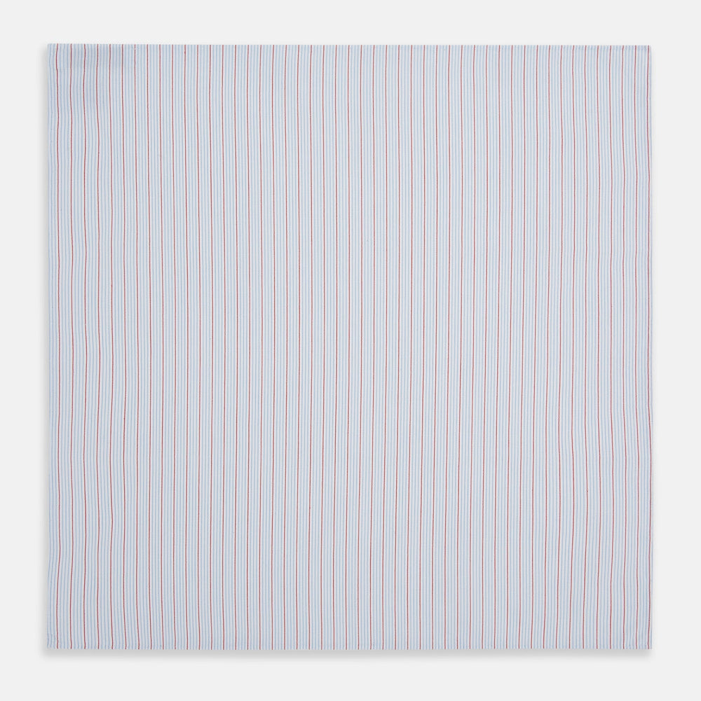 The Turnbull & Asser Hand Rolled Red Multi Pinstripe Handkerchief features fine stripes on cotton, displayed flat against a white background—a timeless gentleman’s accessory or pocket square.