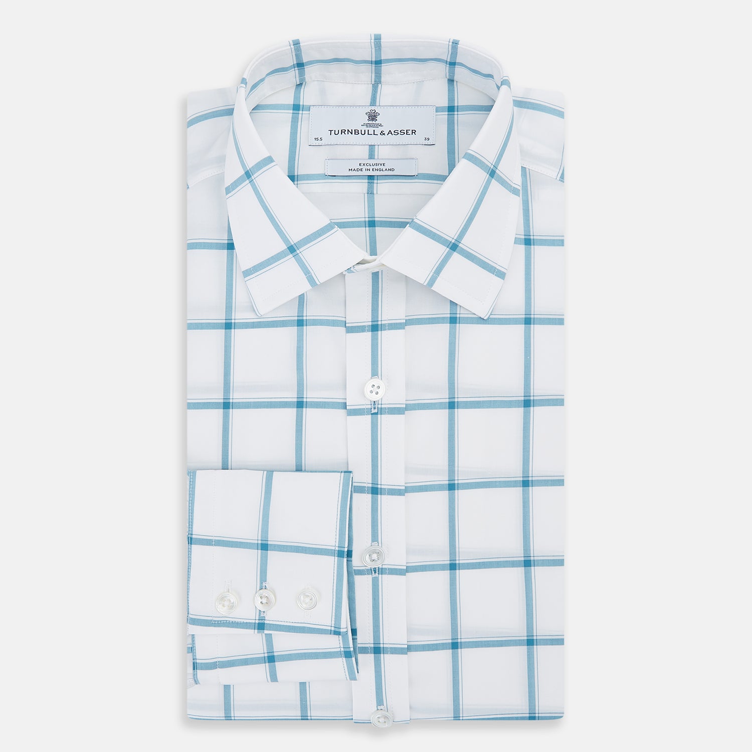 View 5 of product The Turnbull & Asser Turquoise Grid Check Mayfair Shirt is crafted from Italian cotton with a white base and turquoise grid pattern, featuring long sleeves, a pointed collar, and buttoned cuffs.