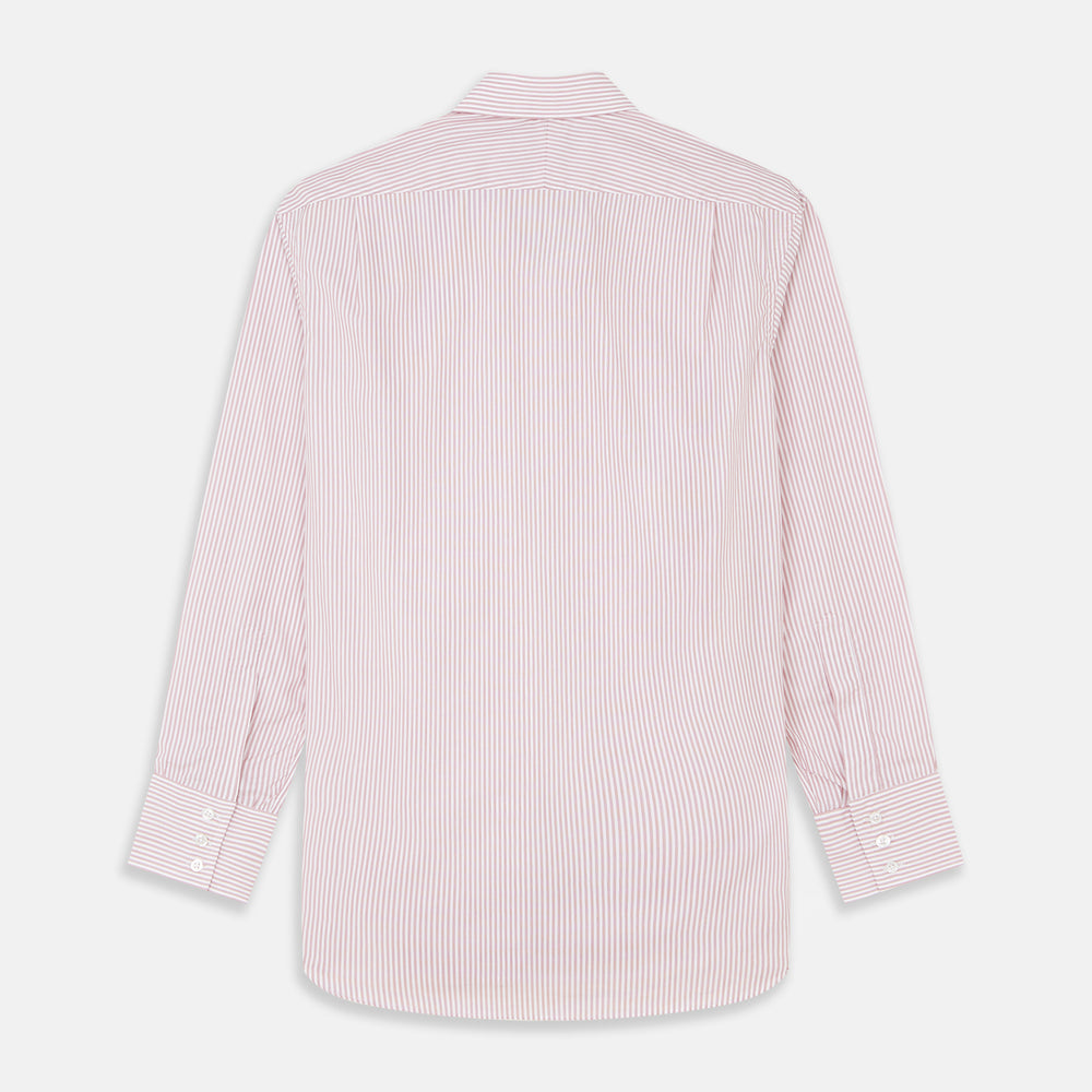 The Turnbull & Asser Burgundy Stripe West Indian Sea Island Cotton Regular Fit Mayfair Shirt features thin vertical red and white stripes, a classic collar, and long sleeves, shown on a plain white background.