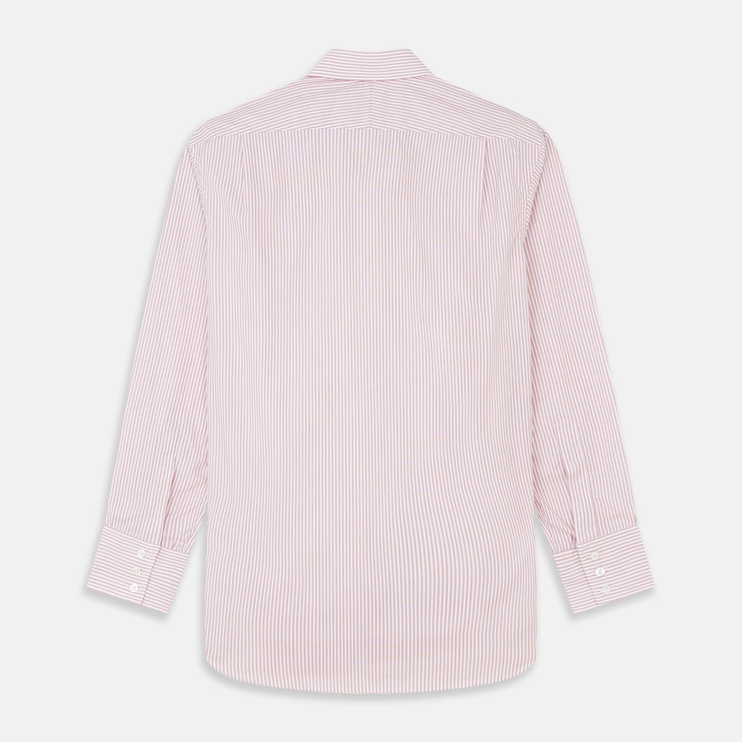 View 6 of product The Turnbull & Asser Burgundy Stripe West Indian Sea Island Cotton Regular Fit Mayfair Shirt features thin vertical red and white stripes, a classic collar, and long sleeves, shown on a plain white background.