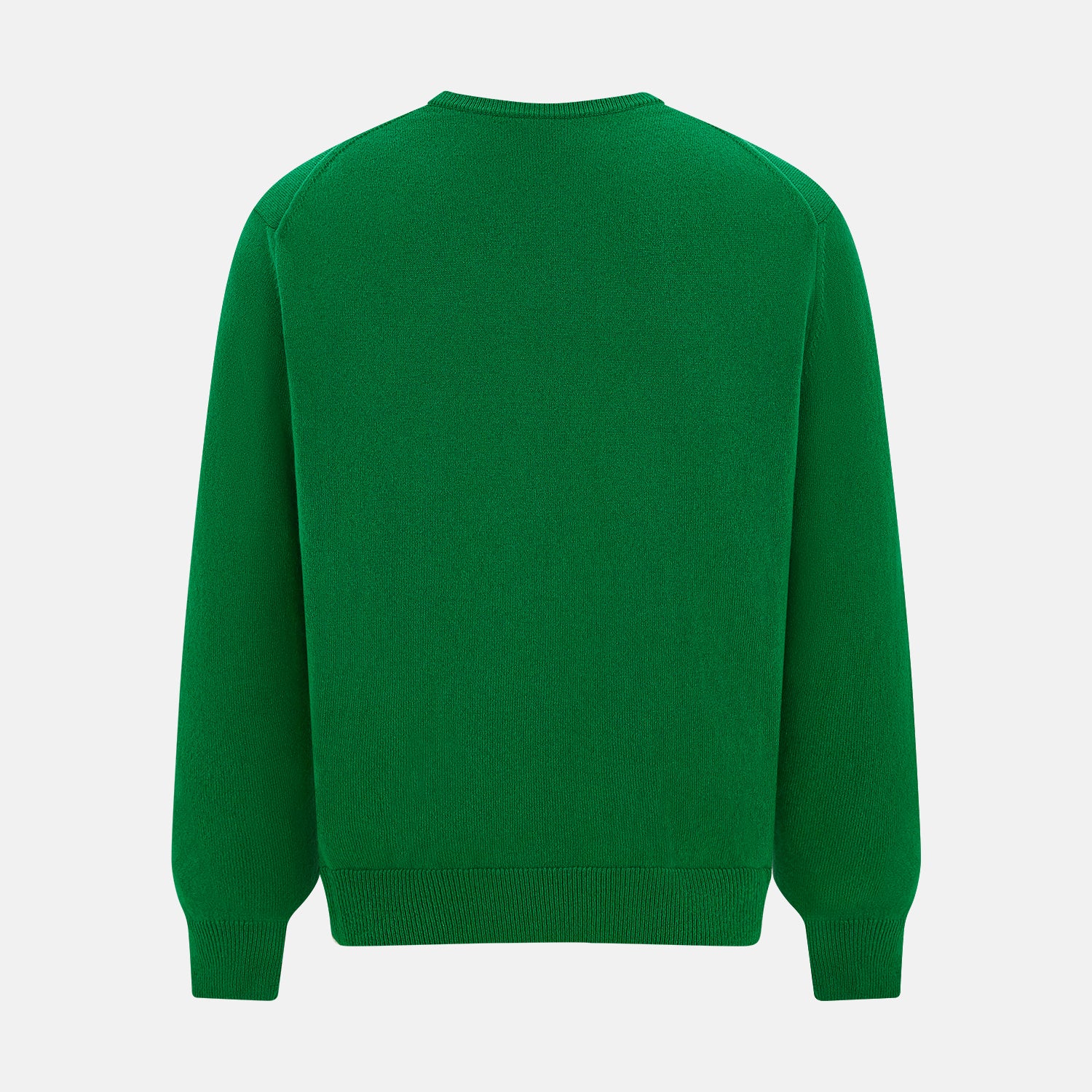 View 3 of product The Turnbull & Asser Grass Green Cashmere Round Neck Jumper features long sleeves, ribbed cuffs, collar, and hem, shown on a white background.
