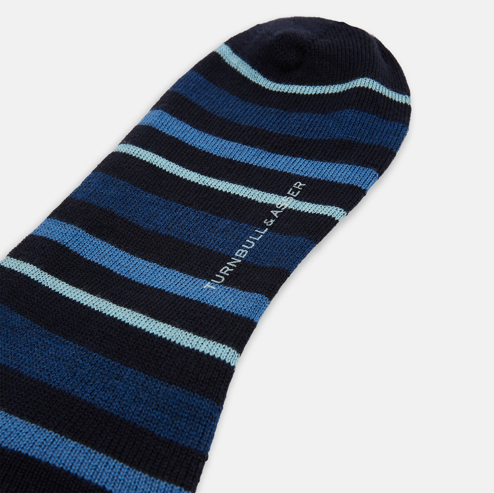 Turnbull & Asser Navy Striped Merino Wool Long Socks, knee-high and over the calf, feature horizontal blue and black stripes and are shown on a plain white background.