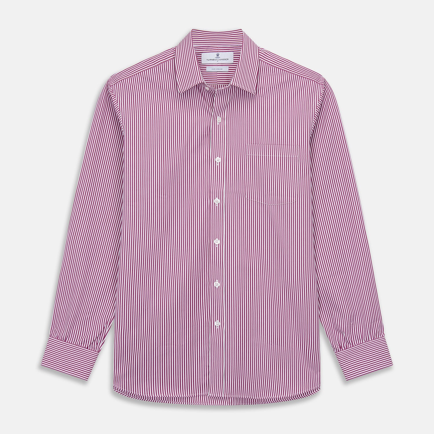 View 1 of product The Turnbull & Asser Purple & White Stripe Weekend Fit Shirt features a Derby collar, chest pocket, and 1-button cuffs—ideal for casual weekends.