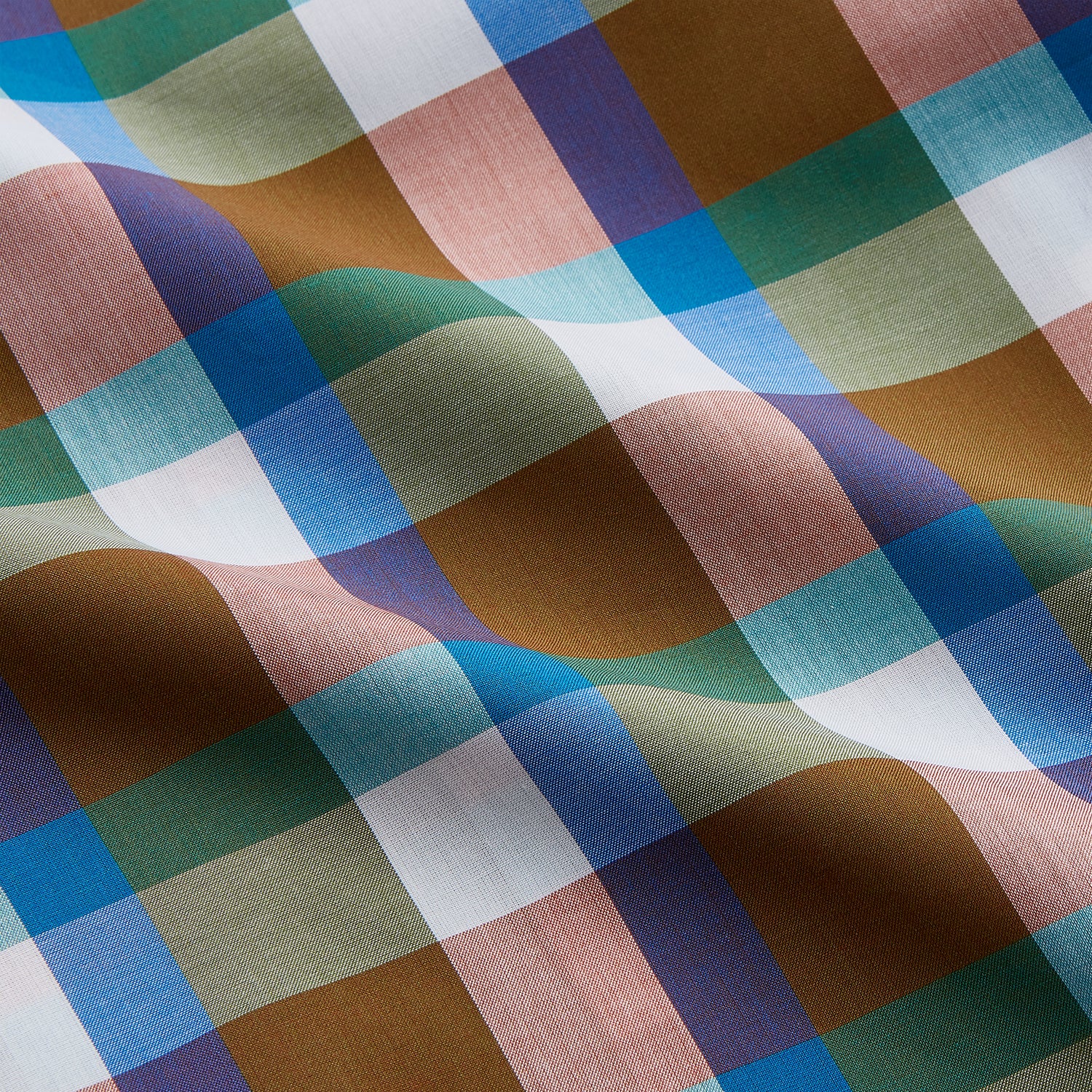 View 3 of product The Turnbull & Asser Green and Pink Multi-check Cotton Blend Regular Fit Mayfair Shirt features a classic T&A collar, white buttons, and an olive green, blue, white, and pink plaid pattern.