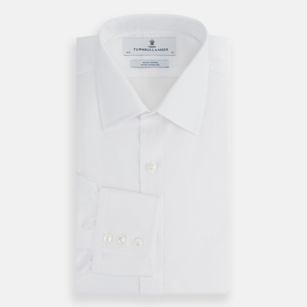 The Turnbull & Asser White Superfine Oxford Cotton Shirt features a T&A collar and 3-button cuffs—ideal for elegant evening attire, shown against a white background.